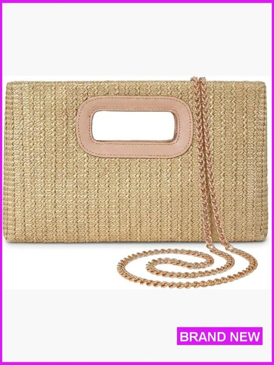 Handbags - Woven Straw Handle Clutch Evening Bag with Gold Chain Shoulder Strap